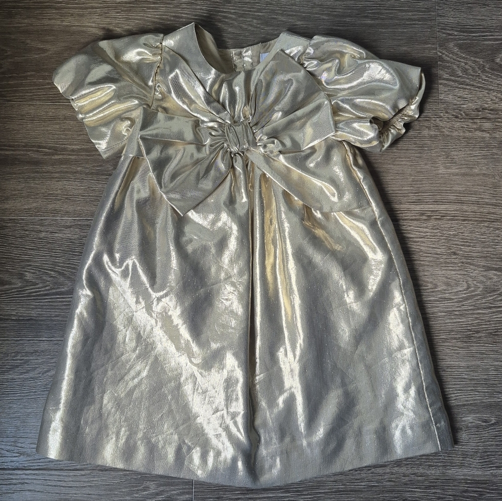 Zara Girls Kids Party Gold Dress Puff Sleeve Button Back. Big Bow In front S 4-5